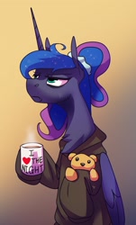 Size: 1004x1658 | Tagged: safe, artist:anticular, character:princess luna, species:alicorn, species:pony, g4, alternate hairstyle, bags under eyes, bear, chest fluff, clothing, coffee mug, female, frown, gradient background, hoodie, mare, mug, plushie, simple background, sleepy, solo, teddy bear, toy