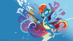Size: 3840x2160 | Tagged: safe, artist:sambaneko, character:rainbow dash, species:pegasus, species:pony, g4, license:cc-by-nc-nd, abstract background, blue background, clothing, digital art, female, flying, goggles, mare, open mouth, silhouette, simple background, smiling, solo, spread wings, uniform, vector, wings, wonderbolts, wonderbolts uniform