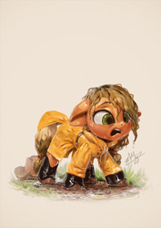 Size: 850x1200 | Tagged: safe, artist:assasinmonkey, character:applejack, species:earth pony, species:pony, g4, adorable distress, clothing, cowboy hat, cute, female, filly, galoshes, hat, jackabetes, mud, open mouth, raincoat, signature, simple background, solo, wet, wet mane, young