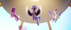 Size: 1919x806 | Tagged: safe, screencap, character:pipp petals, character:queen haven, character:zipp storm, species:pegasus, species:pony, g5, my little pony: a new generation, family, female, flying, one eye closed, pipp wings, siblings, sisters, wink
