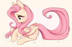 Size: 1280x841 | Tagged: safe, artist:dammmnation, character:fluttershy, species:pegasus, species:pony, g4, colored eyebrows, cute, eyebrows, female, lying down, mare, profile, prone, shyabetes, simple background, solo