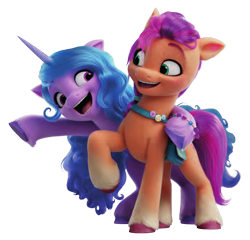 Size: 446x429 | Tagged: safe, official, character:izzy moonbow, character:sunny starscout, species:earth pony, species:pony, species:unicorn, g5, my little pony: a new generation, female, gradient hair, mare, open mouth, smiling, transparent background
