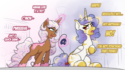 Size: 3840x2160 | Tagged: safe, artist:cocaine, oc, oc only, oc:donut daydream, oc:princess coke, species:alicorn, species:pony, species:unicorn, species:zebra, g4, annoyed, commission, controller, dialogue, gaming, glowing horn, horn, magic, magic aura, non-pony oc, open mouth, telekinesis, unicorn oc, zebra alicorn, zebra oc