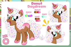 Size: 1200x798 | Tagged: safe, artist:jennieoo, oc, oc only, oc:donut daydream, species:pony, species:unicorn, g4, blep, cute, digital art, donut, food, happy, open mouth, open smile, reference sheet, scrunchy face, smiling, solo, sprinkles, three quarter view, tongue out, vector