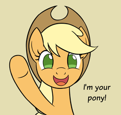 Size: 2000x1900 | Tagged: safe, artist:sazanamibd, character:applejack, species:earth pony, species:pony, g4, cute, dialogue, female, jackabetes, looking at you, mare, no pupils, open mouth, open smile, raised leg, simple background, smiling, solo, talking to viewer, text, underhoof, waving