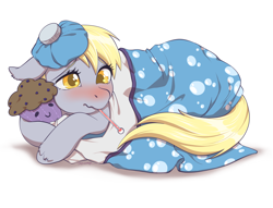 Size: 2560x1960 | Tagged: safe, artist:taytinabelle, character:derpy hooves, species:pegasus, species:pony, g4, adorable face, blanket, blanket burrito, blushing, cute, dawwww, ditzy doo, ear fluff, female, fever, looking at you, lying down, mare, plushie, pony holding plushie, sick, simple background, solo, thermometer, toy, unshorn fetlocks, white background