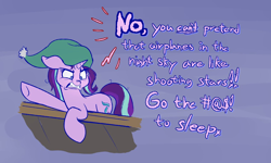 Size: 1200x720 | Tagged: safe, artist:heir-of-rick, character:starlight glimmer, species:pony, species:unicorn, g4, aeroplanes and meteor showers, angry, censored vulgarity, clothing, dialogue, floppy ears, gritted teeth, hat, implied mordetwi, meme, nightcap, raised hoof, simple background, solo, song reference