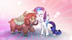 Size: 3840x2160 | Tagged: safe, artist:finalaspex, character:rarity, character:yona, species:pony, species:unicorn, species:yak, episode:she's all yak, g4, my little pony: friendship is magic, bipedal, cute, duo, duo female, female, glowing horn, hairstyle, horn, magic, magic aura, mare, mirror, scene interpretation, smiling, yonadorable