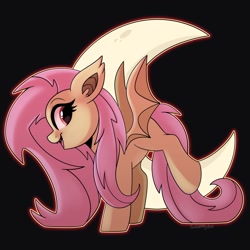 Size: 1200x1200 | Tagged: safe, artist:sakukitty, character:flutterbat, character:fluttershy, species:bat pony, species:pony, g4, black background, crescent moon, ear fluff, looking back, moon, open mouth, open smile, profile, simple background, smiling, solo, spread wings, wings