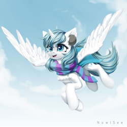 Size: 2000x2000 | Tagged: safe, artist:inowiseei, oc, oc only, species:alicorn, species:pony, g4, chest fluff, clothing, cloud, ear fluff, female, flying, mare, open mouth, scarf, signature, sky, solo, three quarter view