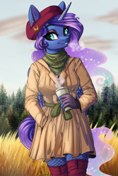 Size: 6000x9000 | Tagged: safe, artist:faline-art, character:princess luna, species:alicorn, species:anthro, g4, absurd file size, absurd resolution, autumn, clothing, coat, coffee, drink, ethereal mane, female, fingerless gloves, gloves, hat, looking at you, mare, scarf, smiling, solo, tree, visible breath