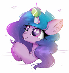 Size: 1280x1356 | Tagged: safe, artist:janelearts, character:izzy moonbow, species:unicorn, g5, ball, big ears, blep, bust, childproof horn, cute, ear fluff, gradient hair, horn, izzybetes, solo, tennis ball, tongue out, toy
