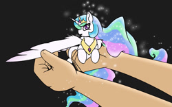 Size: 1280x800 | Tagged: safe, artist:gryphon bbq, artist:wirlog, character:princess celestia, species:alicorn, species:human, species:pony, g4, behaving like a bird, birb, black background, cute, cutelestia, female, holding, holding a pony, in goliath's palm, looking at you, mare, offscreen character, one wing out, open mouth, ponified animal photo, profile, simple background, solo focus, sparkles, spread wings, tiny, tiny ponies, wing fluff, wings