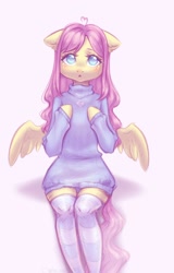 Size: 769x1199 | Tagged: safe, artist:ka_zefir, character:fluttershy, species:anthro, species:pegasus, g4, clothing, sitting, socks, solo, sweater, wings