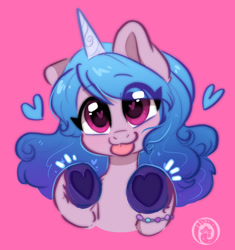 Size: 1061x1129 | Tagged: safe, artist:oofycolorful, character:izzy moonbow, species:pony, species:unicorn, g5, blep, bracelet, bust, cute, heart, hoof heart, izzybetes, jewelry, solo, tongue out, underhoof, unshorn fetlocks