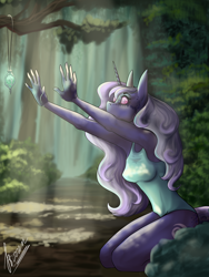 Size: 3000x4000 | Tagged: safe, artist:stirren, oc, oc only, oc:gloaming sheen, species:anthro, species:pony, species:unicorn, g4, amulet, clothing, female, forest, freckles, hypnosis, kneeling, magic, reaching out, solo, solo female, sunlight, swimsuit, ych result