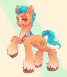 Size: 1032x1200 | Tagged: safe, artist:catboyplanet, character:hitch trailblazer, species:earth pony, species:pony, g5, abstract background, bandolier, blaze (coat marking), cheek fluff, chest fluff, cloven hooves, coat markings, colored hooves, cute, cutie mark, ear fluff, fluffy, hitchbetes, hooves, leg fluff, looking at you, male, raised hoof, smiling, smiling at you, socks (coat marking), solo, stallion, three quarter view, unshorn fetlocks