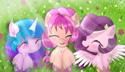 Size: 1200x690 | Tagged: safe, artist:jade_breeze, character:izzy moonbow, character:pipp petals, character:sunny starscout, species:earth pony, species:pegasus, species:unicorn, g5, bust, colored wings, gradient hair, grass, lying down, pipp wings, unshorn fetlocks, wings