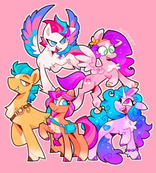Size: 1082x1200 | Tagged: safe, artist:swirlseypop, character:hitch trailblazer, character:izzy moonbow, character:pipp petals, character:sunny starscout, character:zipp storm, species:earth pony, species:pegasus, species:pony, species:unicorn, g5, bag, bandolier, braid, chest fluff, coat markings, colored wings, mane g5, socks (coat marking), unshorn fetlocks, wings