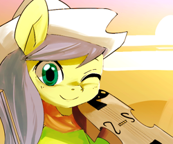 Size: 600x500 | Tagged: safe, artist:apyorehe, character:fiddlesticks, species:earth pony, species:pony, g4, apple family member, bow (instrument), bust, clothing, female, fiddle, hat, looking at you, mare, musical instrument, one eye closed, pixiv, smiling, solo, wink