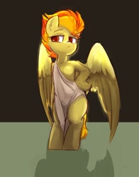 Size: 1615x2063 | Tagged: safe, artist:yoditax, character:spitfire, species:pegasus, species:pony, g4, bipedal, clothing, ear fluff, female, hooves on hips, lidded eyes, looking at you, loose fitting clothes, mare, raised eyebrows, semi-anthro, shadow, solo, spread wings, toga, wings