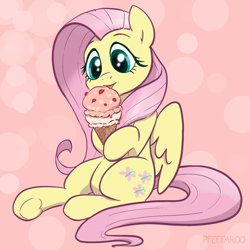 Size: 2048x2048 | Tagged: safe, artist:pfeffaroo, character:fluttershy, species:pegasus, species:pony, g4, abstract background, cute, dawwww, female, food, high res, holding, hoof hold, ice cream, licking, looking at something, mare, shyabetes, simple background, sitting, smiling, solo, three quarter view, tongue out, underhoof, wings
