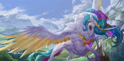 Size: 4500x2210 | Tagged: safe, artist:makkah-chan, character:princess celestia, species:alicorn, species:pony, g4, chest fluff, colored wings, colored wingtips, female, fluffy, high res, leg fluff, mare, multicolored wings, solo, spread wings, wings