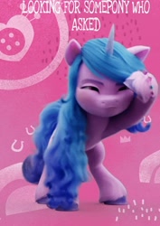 Size: 1080x1522 | Tagged: safe, character:izzy moonbow, species:pony, species:unicorn, g5, my little pony: a new generation, caption, cropped, gradient hair, meme, narrowed eyes, reaction image, searching, simple background, solo, squint, text