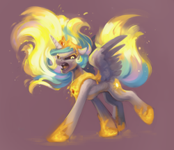 Size: 1800x1558 | Tagged: safe, artist:jewellier, character:daybreaker, character:princess celestia, species:alicorn, species:pony, g4, black sclera, clothing, crown, fangs, female, fiery mane, hoof shoes, jewelry, mare, necklace, open mouth, peytral, raised leg, regalia, sharp teeth, shoes, simple background, slit eyes, solo, spread wings, transformation, wings