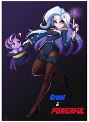 Size: 726x1000 | Tagged: safe, artist:the-park, character:starlight glimmer, character:trixie, species:human, species:pony, g4, clothing, duo, hat, simple background