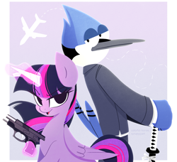 Size: 2937x2674 | Tagged: safe, artist:syrupyyy, character:twilight sparkle, character:twilight sparkle (alicorn), species:alicorn, species:bird, species:pony, ship:mordetwi, g4, airplanes (song), blue jay, clothing, crossover, crossover shipping, female, glowing horn, gun, handgun, horn, katana, magic, male, mare, mordecai, open mouth, pistol, plane, shipping, straight, suit, sword, telekinesis, weapon