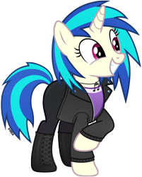 Size: 2900x3600 | Tagged: safe, artist:a4r91n, character:dj pon-3, character:vinyl scratch, species:pony, species:unicorn, g4, boots, clothing, digital art, female, jacket, jewelry, mare, necklace, pendant, raised hoof, shoes, simple background, smiling, solo, three quarter view, transparent background, vector