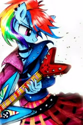 Size: 1983x2973 | Tagged: safe, artist:liaaqila, character:rainbow dash, species:anthro, species:pegasus, g4, choker, clothing, ear fluff, ear piercing, electric guitar, eyebrows, eyebrows visible through hair, female, guitar, jewelry, musical instrument, necklace, piercing, simple background, skirt, smiling, solo, spiked belt, three quarter view, white background