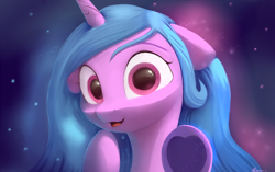 Size: 7500x4700 | Tagged: safe, artist:auroriia, character:izzy moonbow, species:pony, species:unicorn, g5, absurd resolution, bust, cute, eye reflection, female, floppy ears, gradient hair, heart, hoof heart, izzybetes, looking at you, mare, open mouth, portrait, solo, underhoof