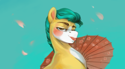 Size: 1800x1000 | Tagged: safe, artist:jewellier, character:hitch trailblazer, species:earth pony, species:pony, g5, blaze (coat marking), fabulous, kabuki, looking at you, makeup, simple background, solo