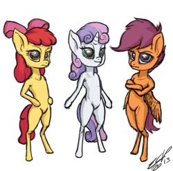 Size: 900x890 | Tagged: safe, artist:assasinmonkey, character:apple bloom, character:scootaloo, character:sweetie belle, species:earth pony, species:pegasus, species:pony, species:unicorn, g4, apple family member, bipedal, crossed arms, cutie mark crusaders, female, filly, looking at you, semi-anthro, signature, simple background, white background, young