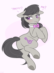 Size: 1180x1590 | Tagged: safe, artist:higgly-chan, character:octavia melody, species:earth pony, species:pony, g4, abstract background, blushing, butt, cute, dialogue, female, floppy ears, hooves, hooves to the chest, lidded eyes, mare, plot, simple background, solo, tavibetes, underhoof