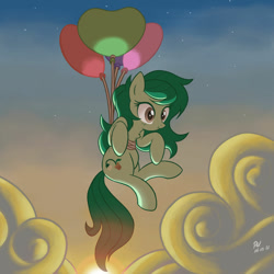 Size: 1280x1280 | Tagged: safe, artist:theratedrshimmer, character:wallflower blush, species:earth pony, species:pony, g4, my little pony:equestria girls, balloon, brown eyes, cute, floating, flowerbetes, green mane, ponified, solo, species swap