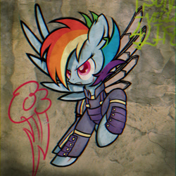 Size: 1280x1280 | Tagged: safe, artist:theratedrshimmer, manebooru spotlight, character:rainbow dash, species:pegasus, species:pony, episode:the cutie re-mark, g4, alternate timeline, alternate universe, amputee, apocalypse dash, badass, chromatic aberration, concrete wall, crystal war timeline, determined, graffiti, gta san andreas, scar, solo
