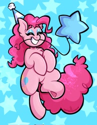 Size: 1592x2048 | Tagged: safe, artist:shyshyoctavia, character:pinkie pie, species:earth pony, species:pony, g4, balloon, bipedal, black outlines, blue background, chest fluff, clothing, colored eyebrows, colored outlines, cute, diapinkes, ear fluff, eyes closed, eyeshadow, female, hat, holding, hooves, hooves to the chest, makeup, mare, mouth hold, party hat, redraw, signature, simple background, smiling, solo, stars