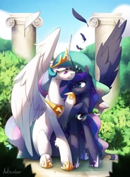 Size: 2480x3366 | Tagged: safe, artist:anticular, character:princess celestia, character:princess luna, species:alicorn, species:pony, g4, blue mane, boop, clothing, cloud, coloring book, cover art, crown, ethereal mane, feather, female, flowing mane, galaxy mane, green eyes, hoof shoes, horn, jewelry, kickstarter, lidded eyes, pink eyes, regalia, royal sisters, shoes, siblings, signature, sisters, sitting, sky, smiling, spread wings, tree, wings