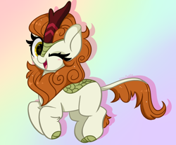 Size: 5264x4351 | Tagged: safe, artist:kittyrosie, character:autumn blaze, species:kirin, g4, awwtumn blaze, blushing, cute, female, gradient background, looking at you, one eye closed, open mouth, open smile, signature, smiling, solo, starry eyes, three quarter view, wingding eyes, wink, winking at you