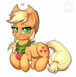 Size: 4070x4096 | Tagged: safe, artist:confetticakez, character:applejack, species:earth pony, species:pony, g4, absurd resolution, apple, applejack's hat, bandana, clothing, colored pupils, cowboy hat, cute, ear fluff, female, food, freckles, hat, heart, jackabetes, leg fluff, lying down, mare, prone, simple background, solo, stetson, that pony sure does love apples, white background