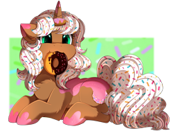 Size: 3509x2650 | Tagged: safe, artist:pridark, oc, oc only, oc:donut daydream, species:pony, species:unicorn, g4, cheek fluff, commission, cute, donut, ear fluff, female, floppy ears, food, high res, holding, leg fluff, lying down, mare, mouth hold, ocbetes, prone, simple background, solo, transparent background