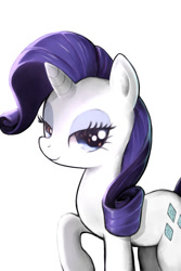 Size: 1000x1500 | Tagged: safe, artist:rinnemi, character:rarity, species:pony, species:unicorn, g4, beautiful, eyeshadow, female, lidded eyes, looking at you, makeup, mare, raised hoof, simple background, smiling, solo, white background