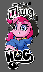 Size: 2280x3740 | Tagged: safe, artist:partylikeanartist, character:pinkie pie, species:earth pony, species:pony, g4, alternate clothes, clothing, cute, diapinkes, female, hat, jewelry, looking at you, mare, necklace, rapper pie, smiling, solo, text, three quarter view, thug life