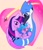 Size: 1606x1859 | Tagged: safe, artist:creeate97, character:izzy moonbow, character:twilight sparkle, character:twilight sparkle (alicorn), parent:twilight sparkle, species:alicorn, species:bird, species:pony, species:unicorn, ship:mordetwi, g4, g5, aeroplanes and meteor showers, blue jay, crossover, crossover ship offspring, crossover shipping, daughter, female, g5 to g4, generation leap, gradient hair, heart, hug, male, mare, mordecai, mother, mother and child, mother and daughter, offspring, parent and child, plane, regular show, shipping, straight