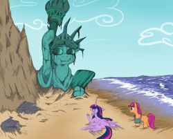 Size: 976x783 | Tagged: safe, artist:jargon scott, character:sunny starscout, character:twilight sparkle, character:twilight sparkle (alicorn), species:alicorn, species:earth pony, species:pony, g4, g5, beach, crying, duo, female, mare, missing cutie mark, outdoors, parody, planet of the apes, scene parody, statue of friendship, you blew it up