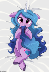 Size: 754x1100 | Tagged: safe, artist:riouku, character:izzy moonbow, species:pony, species:unicorn, g5, biting, bracelet, commission, cute, female, gradient hair, izzybetes, jewelry, looking at you, mare, on back, solo, tail, tail bite, unshorn fetlocks
