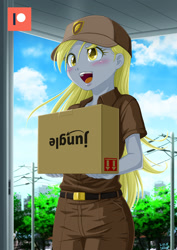Size: 848x1200 | Tagged: safe, artist:uotapo, character:derpy hooves, species:eqg human, g4, my little pony:equestria girls, baseball cap, blushing, box, cap, cardboard box, clothing, cute, delivery, derpabetes, female, hat, open mouth, open smile, power line, smiling, solo, this side up, upside down